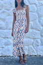 Sky Blue Ethnic Geometric Print Square Neck Smocked High Waist Ruffle Sleeve Dress - Sweet Fashion Wholesale