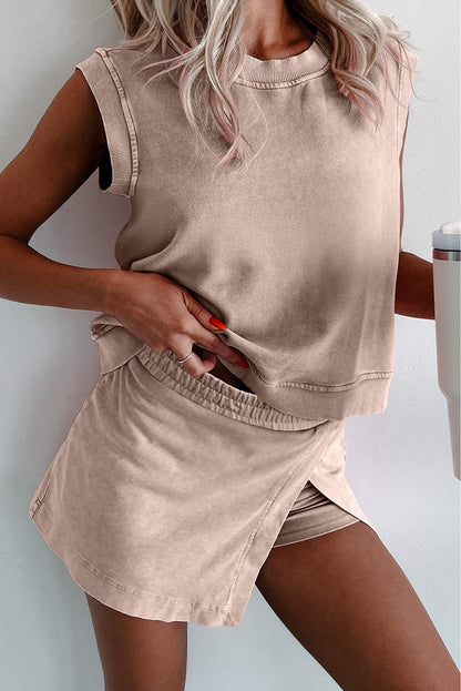 Yellow Cream 2 Pieces Mineral Wash Cotton Tank Top Lined Split Skort Set