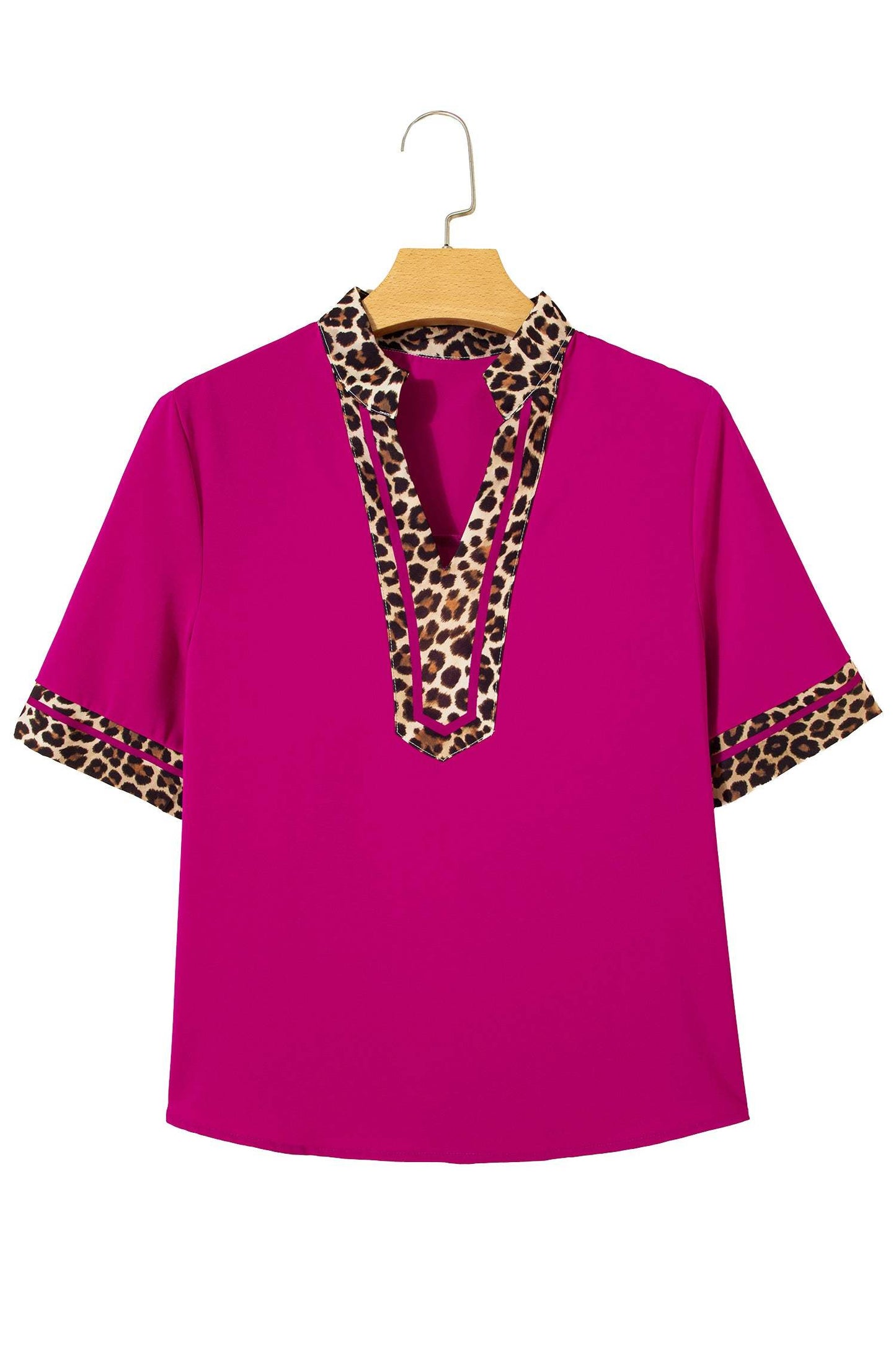 Violet Leopard Patchwork Trim Split Neck Short Sleeve Blouse