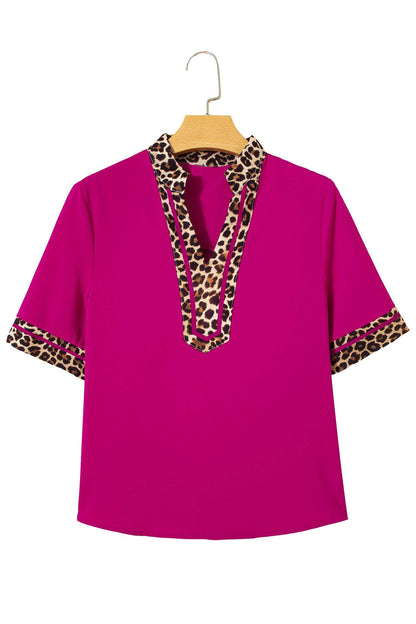 Violet Leopard Patchwork Trim Split Neck Short Sleeve Blouse