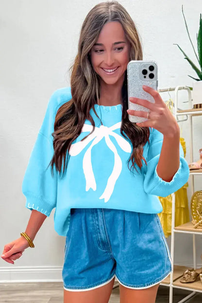 Light Blue Big Ribbon Bow Print Contrast Stitch Trim Drop Shoulder Sweater - Sweet Fashion Wholesale