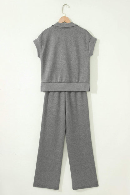 Gray Half Zip Polo Tee Casual Pant Set