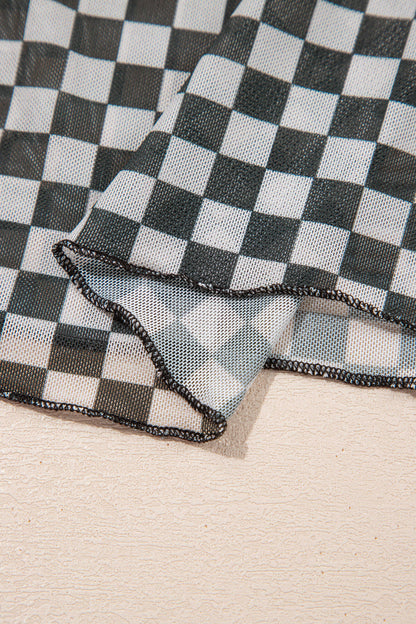 Black Plaid Stand Neck Long Sleeve Mesh Top