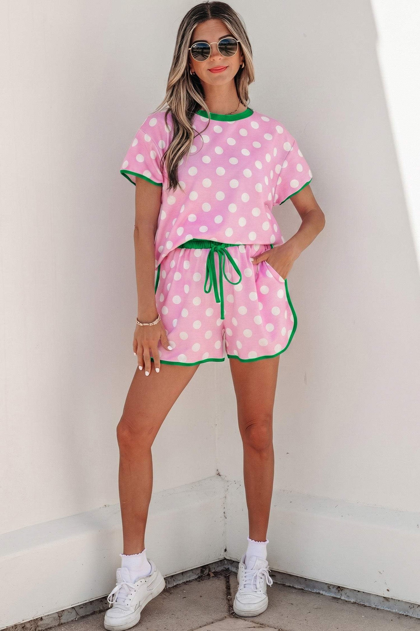Sky Blue Polka Dot Contrast Edge Casual Short Set