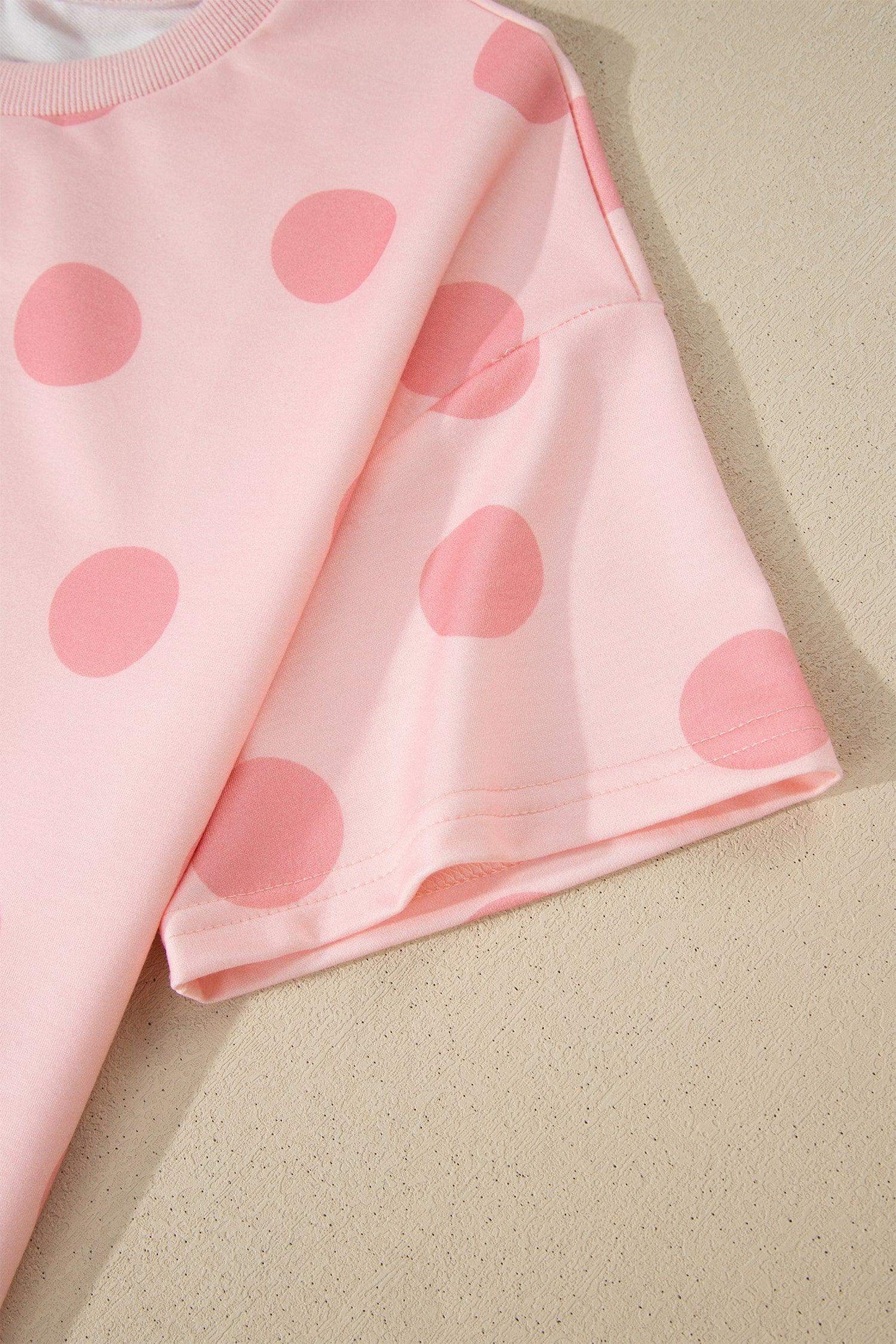 Pink Polka Dot Print Loose Tee Drawstring Elastic Waist Short Set - Sweet Fashion Wholesale