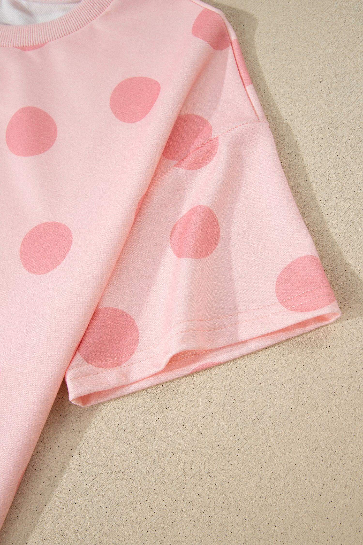 Pink Polka Dot Print Loose Tee Drawstring Elastic Waist Short Set - Sweet Fashion Wholesale