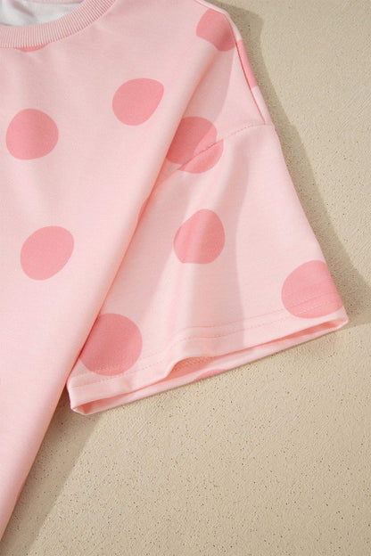 Pink Polka Dot Print Loose Tee Drawstring Elastic Waist Short Set - Sweet Fashion Wholesale