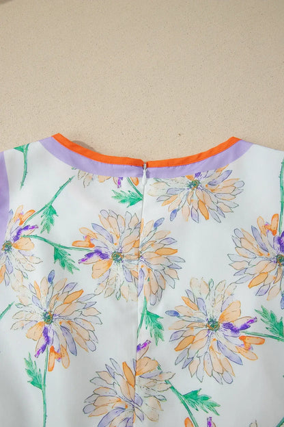 White Floral Print Color Block Trim Belted Sleeveless Maxi Dress