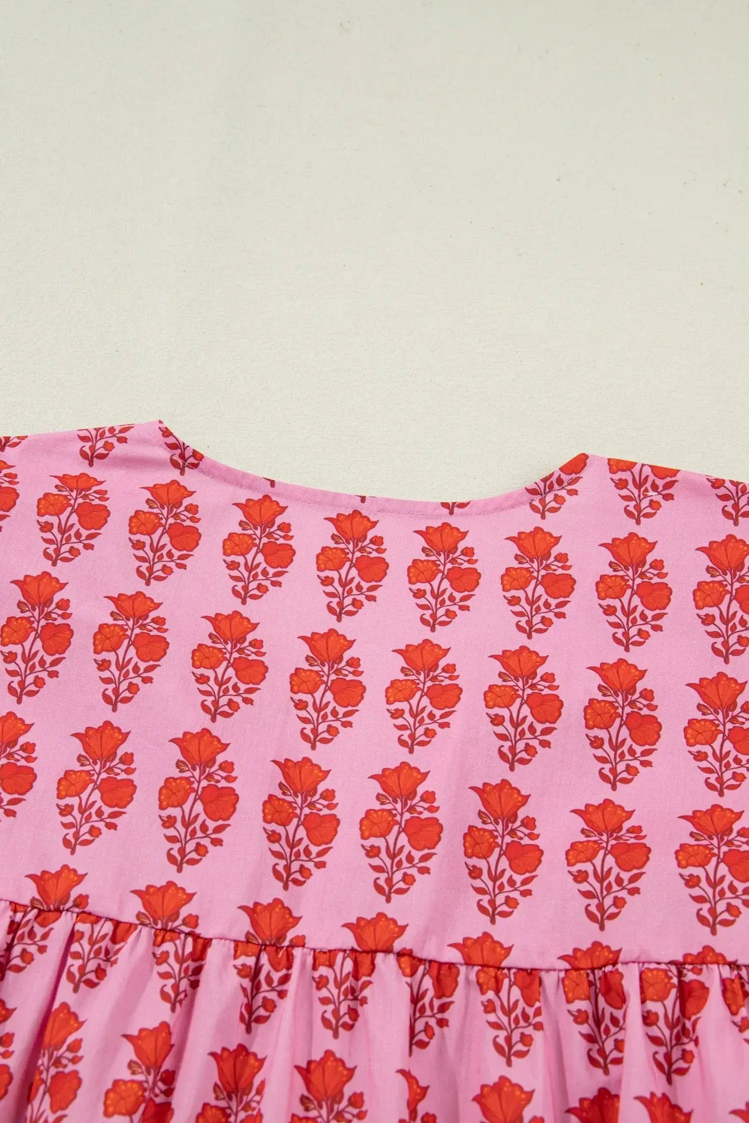 Pink Plus Size Floral Print Tassel Tie Puff Sleeve Cotton Blouse - Sweet Fashion Wholesale
