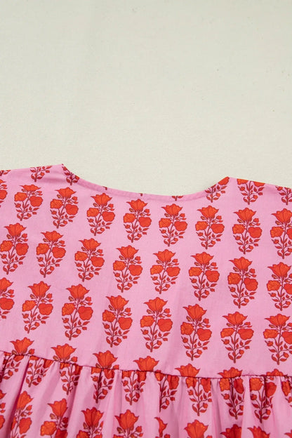 Pink Plus Size Floral Print Tassel Tie Puff Sleeve Cotton Blouse - Sweet Fashion Wholesale