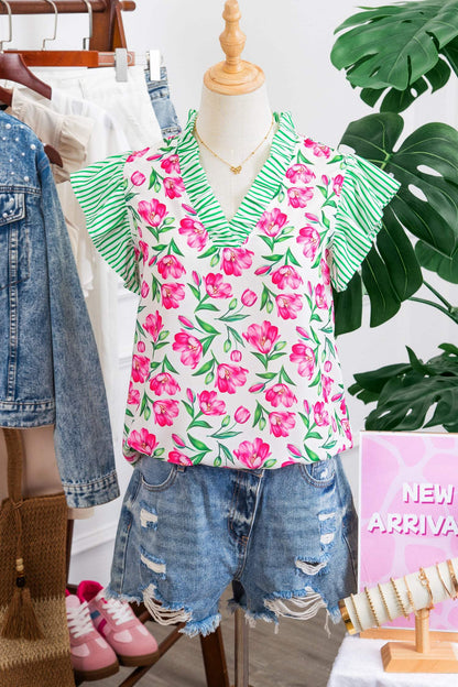 Multicolour Sweet Floral Print Striped Ruffle Trim V Neck Blouse