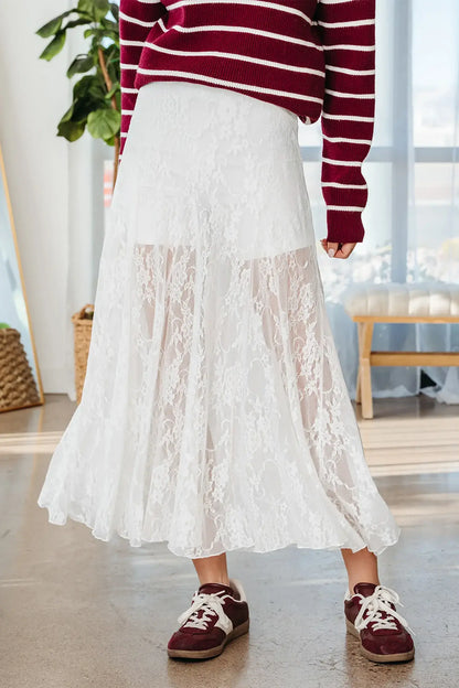 White Sheer Floral Lace Flowy Maxi Skirt - Sweet Fashion Wholesale