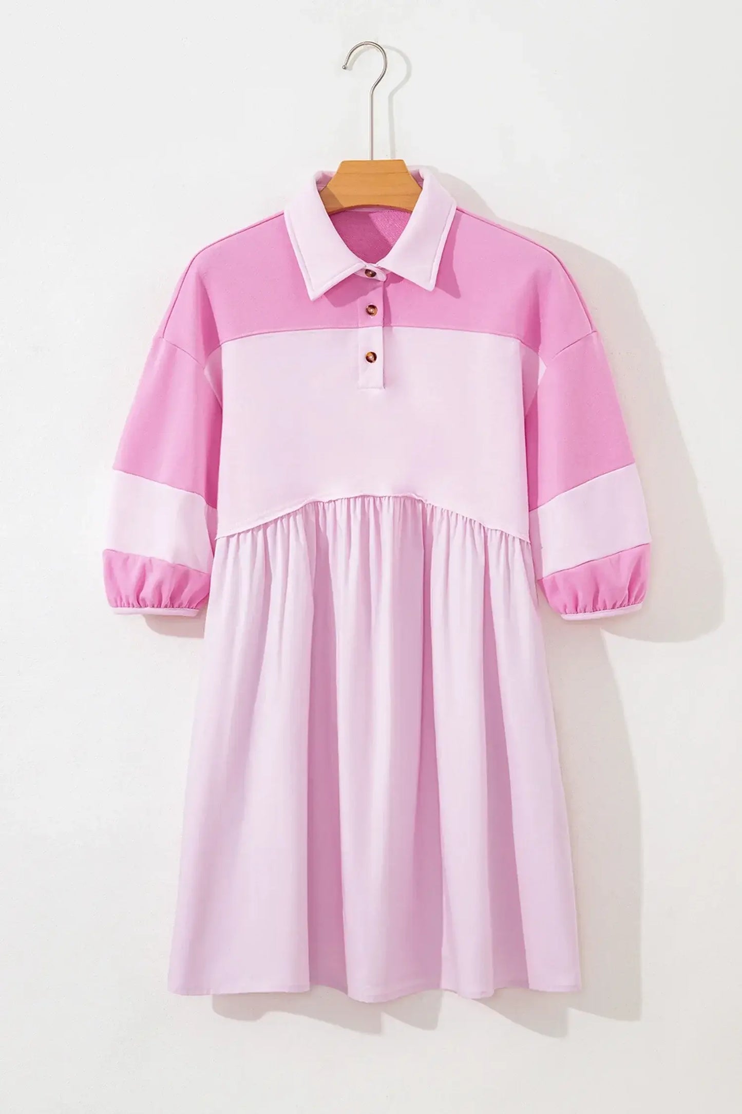 Pink Raw Seam Color Block Patchwork Button Polo Collar Mini Dress - Sweet Fashion Wholesale