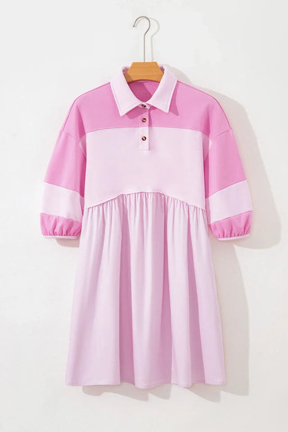 Pink Raw Seam Color Block Patchwork Button Polo Collar Mini Dress - Sweet Fashion Wholesale