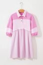 Pink Raw Seam Color Block Patchwork Button Polo Collar Mini Dress - Sweet Fashion Wholesale