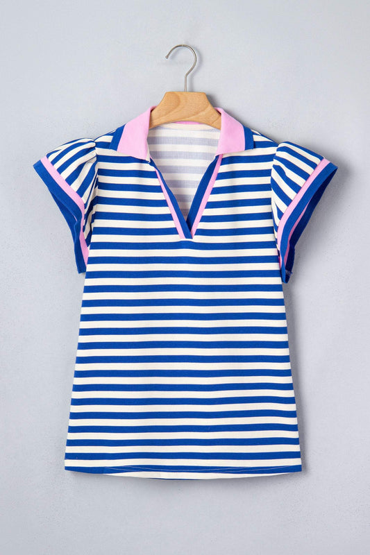 Rose Stripe Contrast Trim Polo Collar Ruffled Short Sleeve Blouse