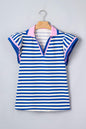 Rose Stripe Contrast Trim Polo Collar Ruffled Short Sleeve Blouse