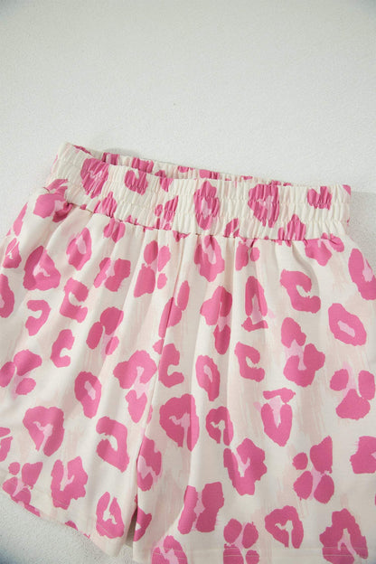 Rose Unique Leopard Print Contrast Trim Top Loose 2pcs Short Set
