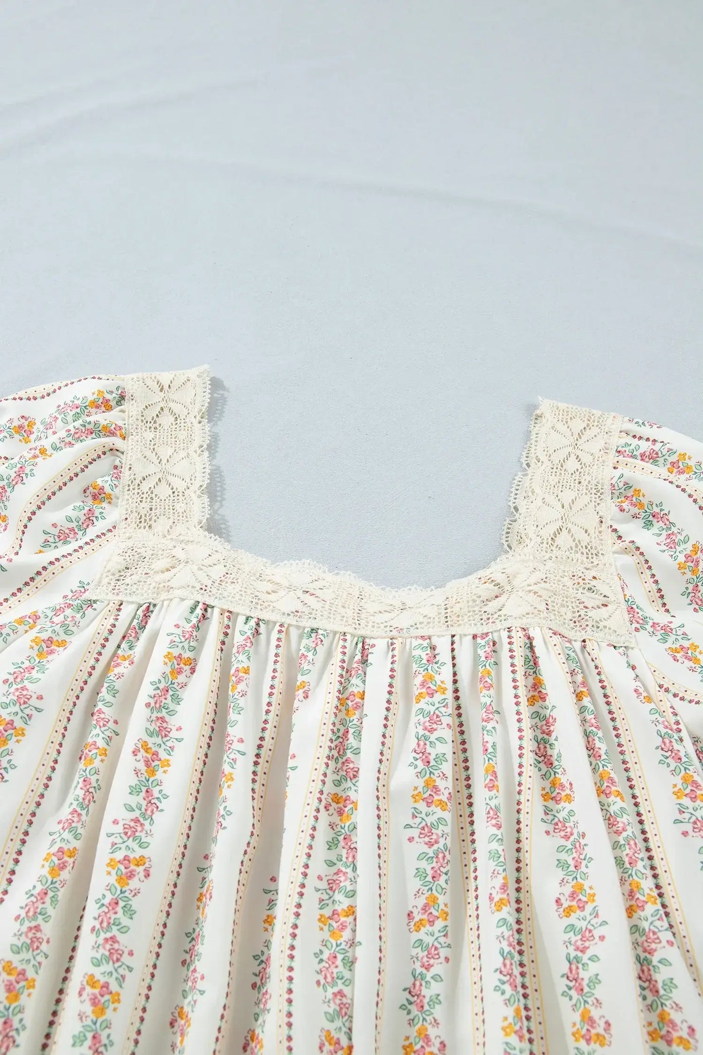 Multicolour Floral Print Contrast Ribbon Bow Lace Trim Square Neck Mini Dress