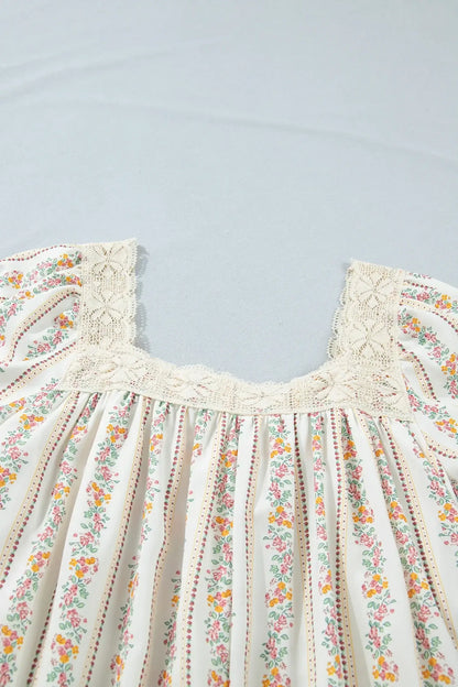 Multicolour Floral Print Contrast Ribbon Bow Lace Trim Square Neck Mini Dress
