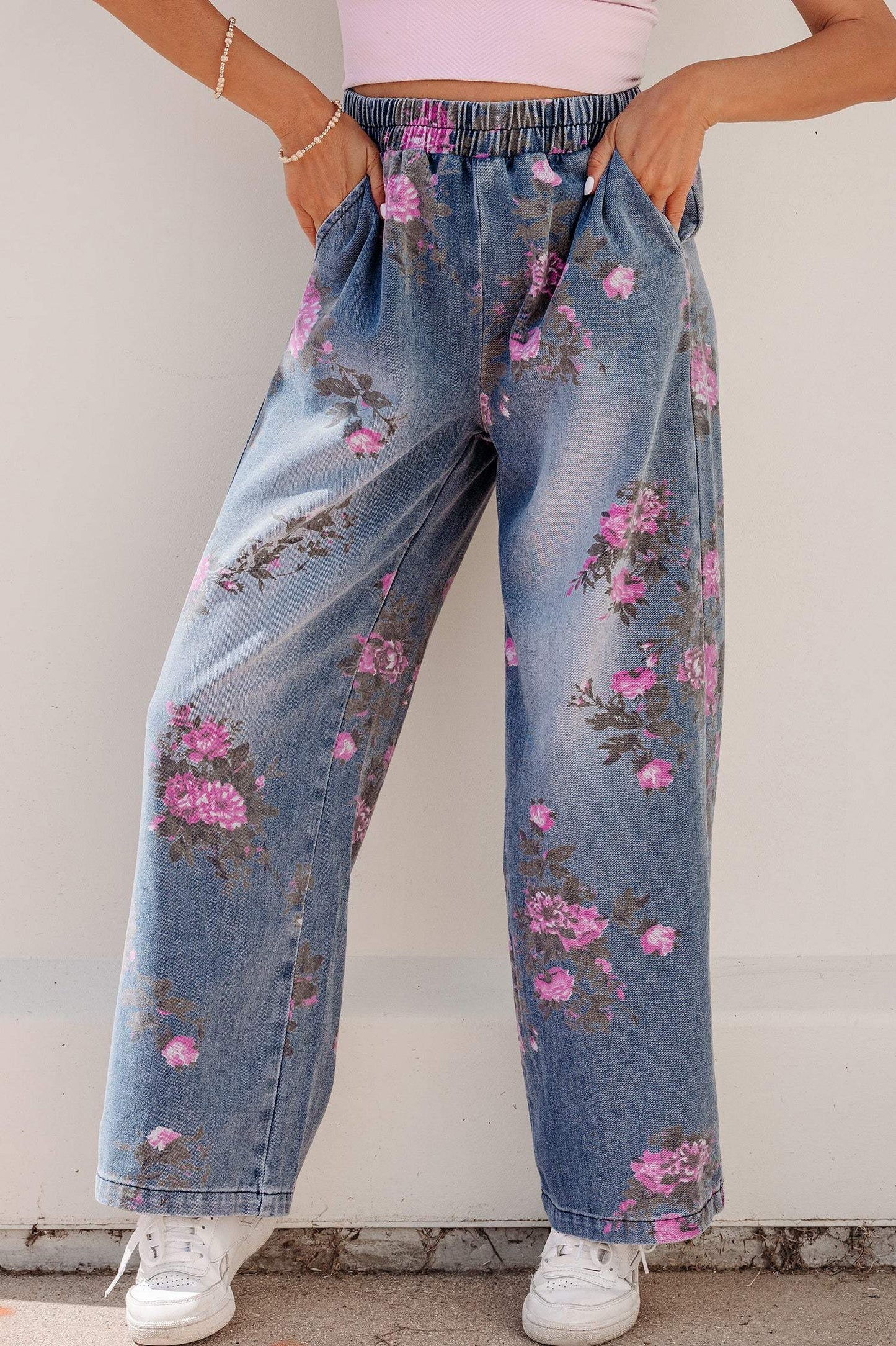 Beau Blue Floral Print Elastic Waist Pull On Casual Jeans