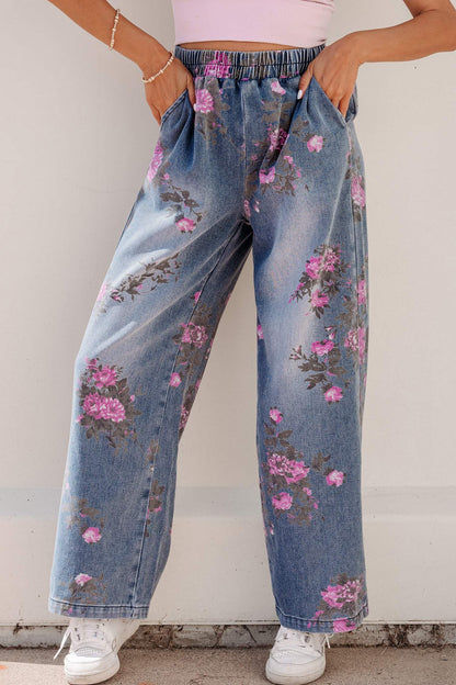 Beau Blue Floral Print Elastic Waist Pull On Casual Jeans