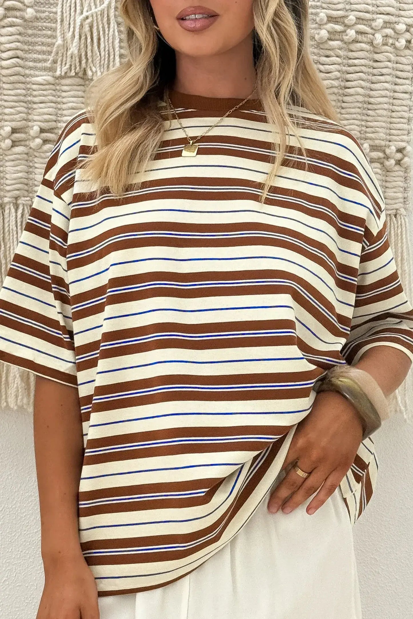 Brown Stripe Womens Casual Oversized Tee - Sweet Fashion Wholesale