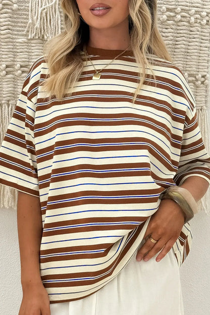 Brown Stripe Womens Casual Oversized Tee - Sweet Fashion Wholesale