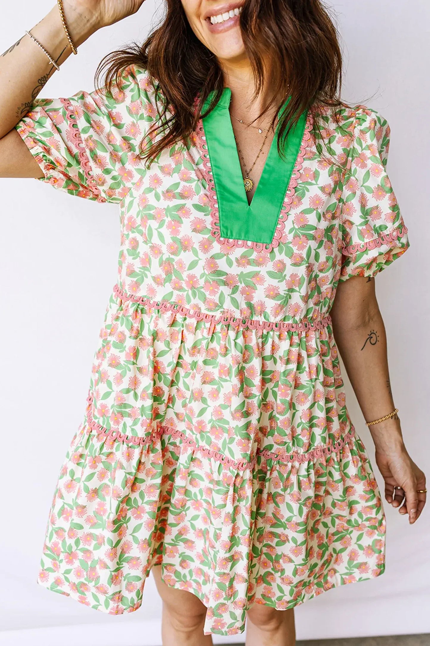 Green Contrast Neckline Ricrac Trim Floral Short Puff Sleeve Dress - Sweet Fashion Wholesale