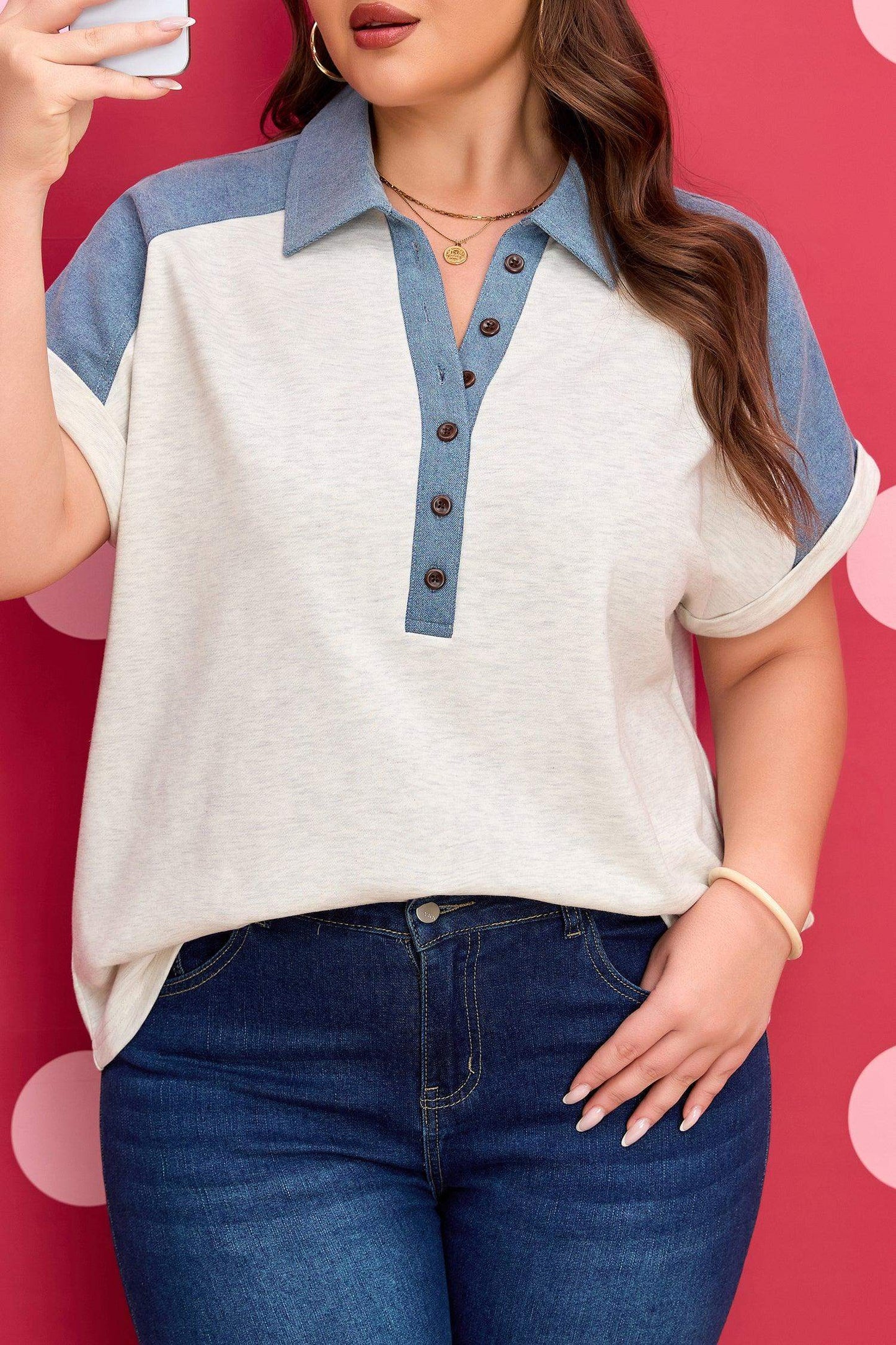 Beige Plus Size Contrast Denim Patchwork Cuffed Sleeve Polo Tee - Sweet Fashion Wholesale