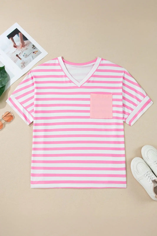Pink Stripe Colorblock Patched Pocket V Neck Plus Size Tee - Sweet Fashion Wholesale