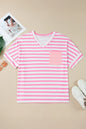 Pink Stripe Colorblock Patched Pocket V Neck Plus Size Tee - Sweet Fashion Wholesale