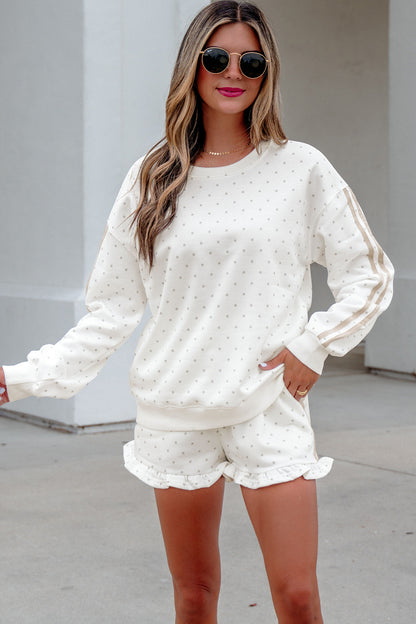 White Polka Dot Print Side Stripe Detail Casual Sweatshirt 2pcs Short Set