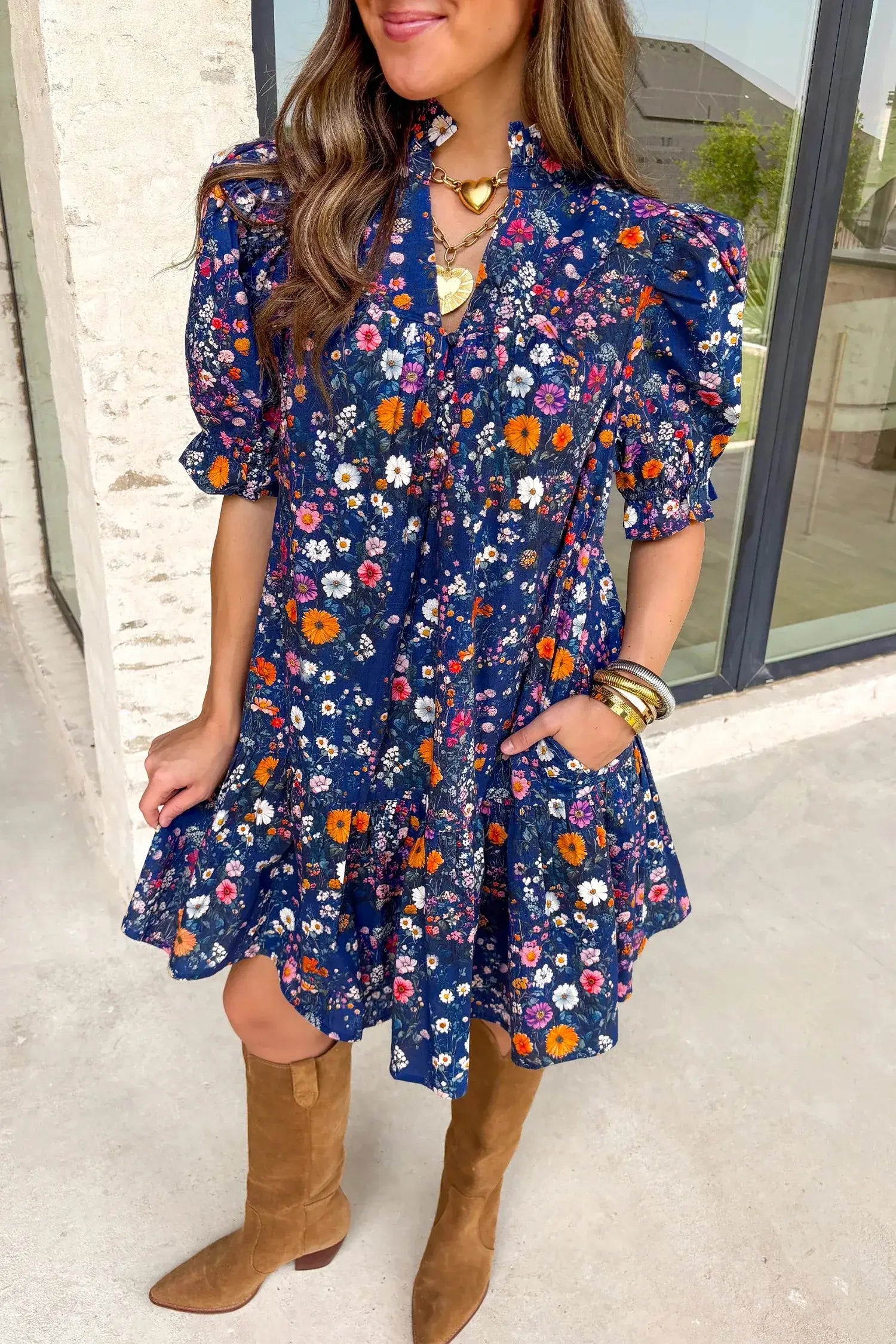 Blue Wild Daisy Floral Split Neck Short Puff Sleeve Mini Dress - Sweet Fashion Wholesale