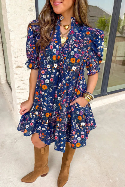 Blue Wild Daisy Floral Split Neck Short Puff Sleeve Mini Dress - Sweet Fashion Wholesale