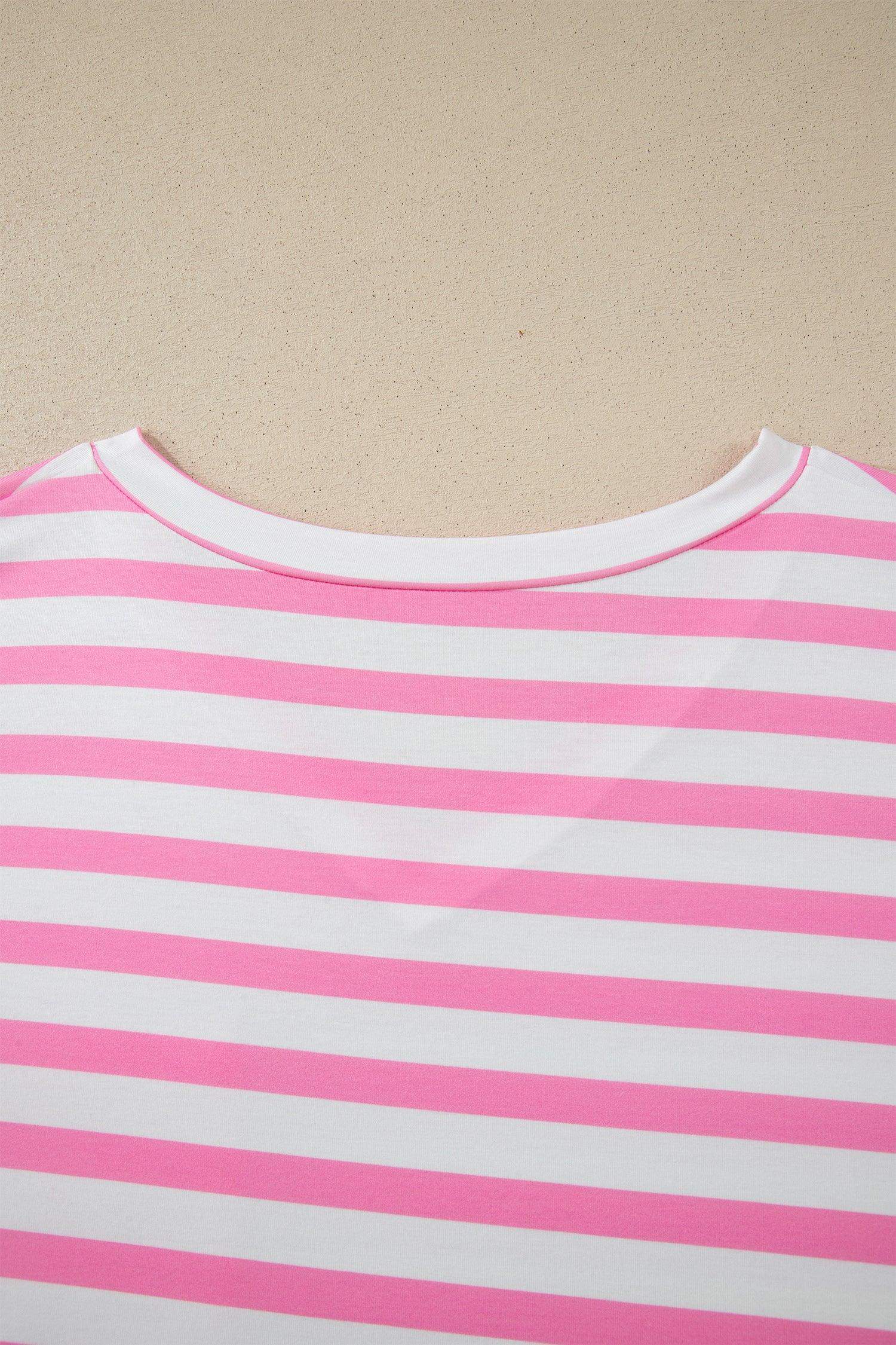 Pink Stripe Colorblock Patched Pocket V Neck Plus Size Tee - Sweet Fashion Wholesale