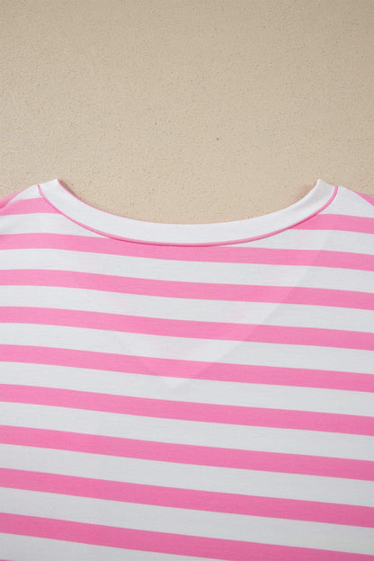 Pink Stripe Colorblock Patched Pocket V Neck Plus Size Tee - Sweet Fashion Wholesale