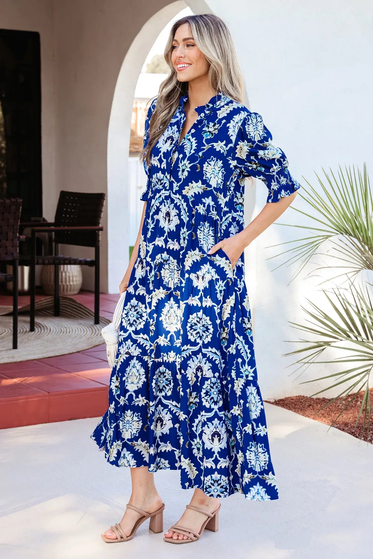 Blue Wild Floral Print Frilled Collar Half Sleeve Long Dress - Sweet Fashion Wholesale