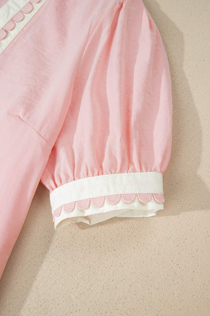 Light Pink Scallop Color Block Trim Puff Sleeve Mini Dress