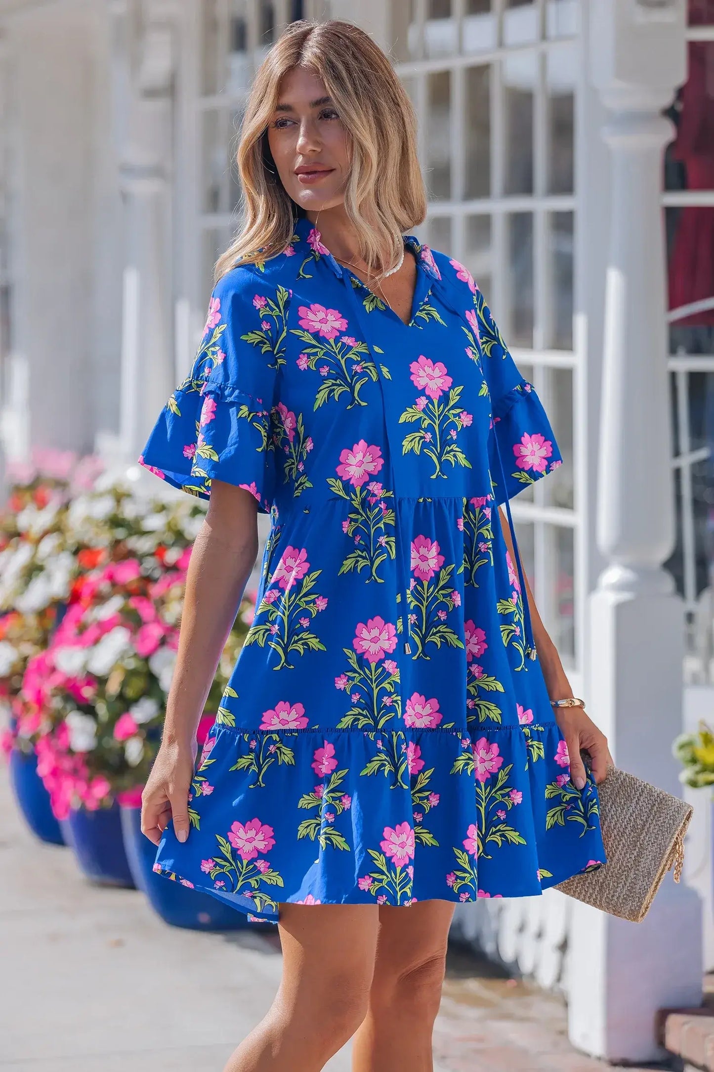 Blue V Neck Short Sleeve Loose Flower Dress - Sweet Fashion Wholesale