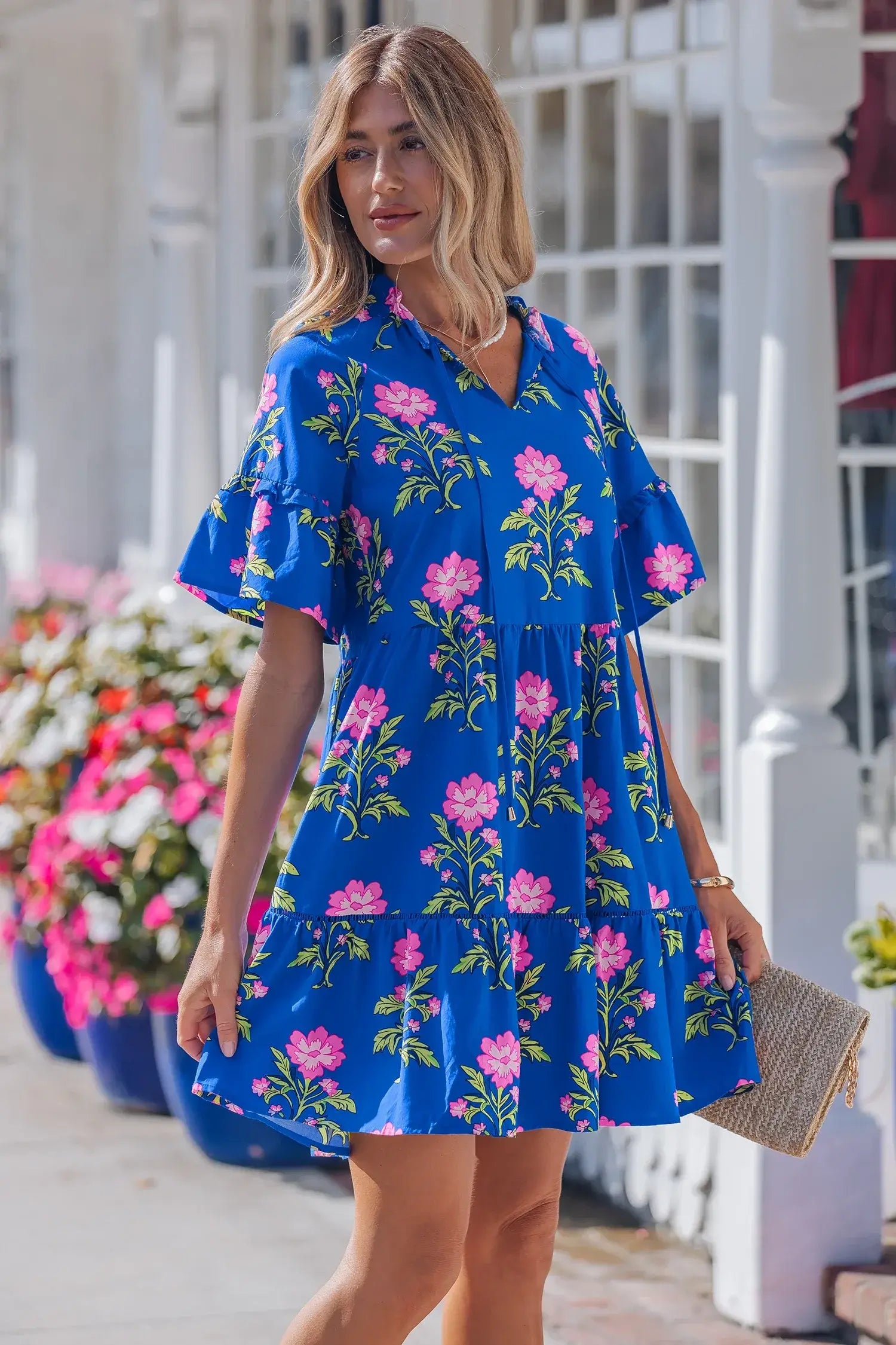 Blue V Neck Short Sleeve Loose Flower Dress - Sweet Fashion Wholesale