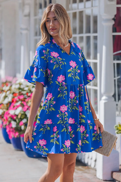 Blue V Neck Short Sleeve Loose Flower Dress - Sweet Fashion Wholesale