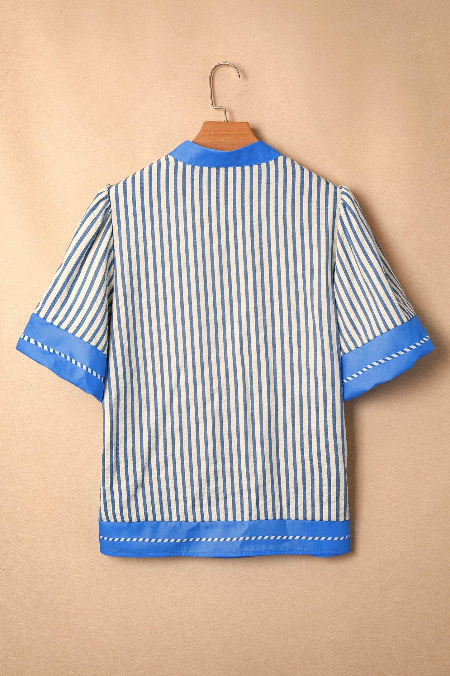 Sky Blue Stripe Color Block Detail V Neck Short Sleeve Blouse