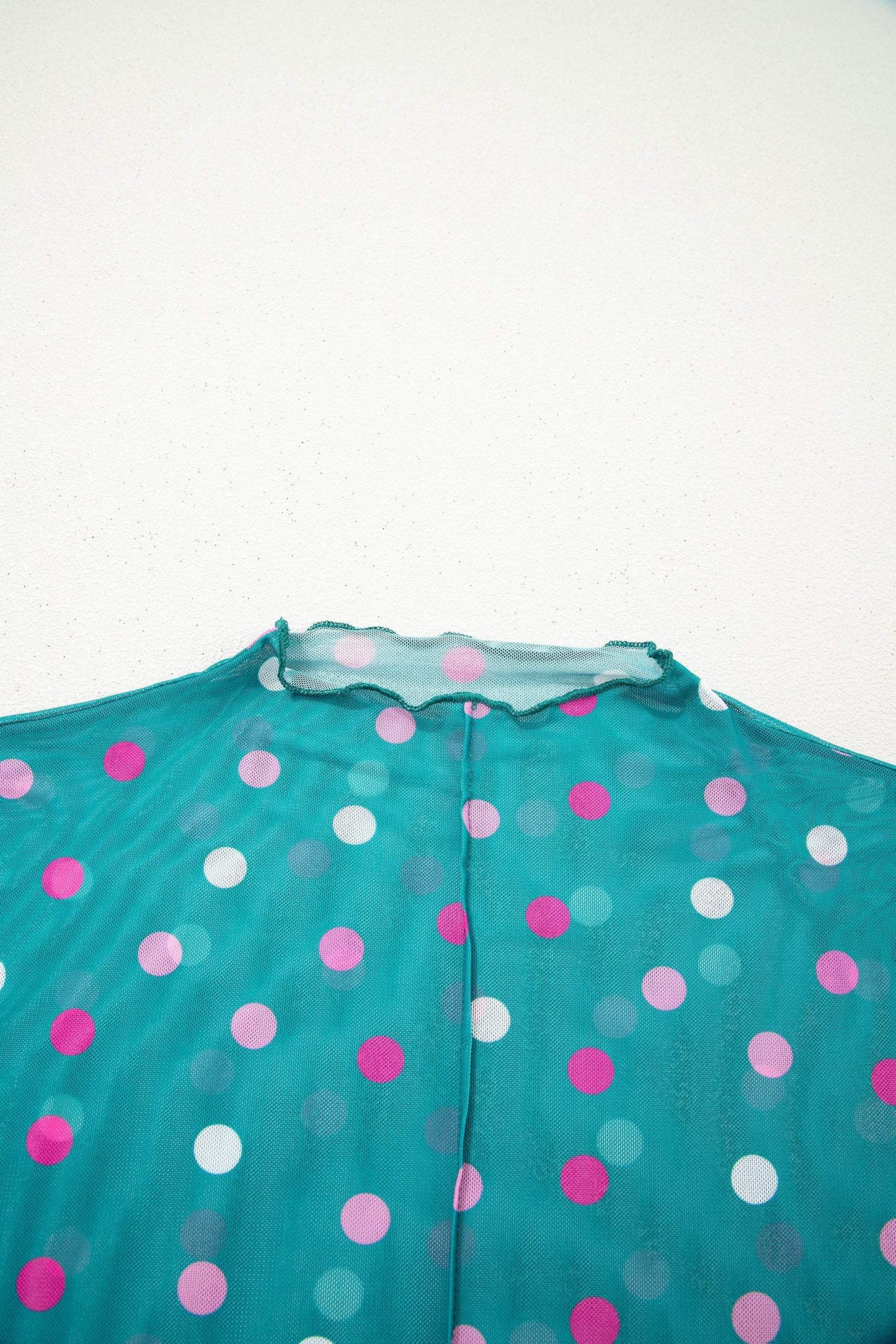 Green Polka Dot Patterned Bodycon Mock Neck Mesh Long Sleeve Top