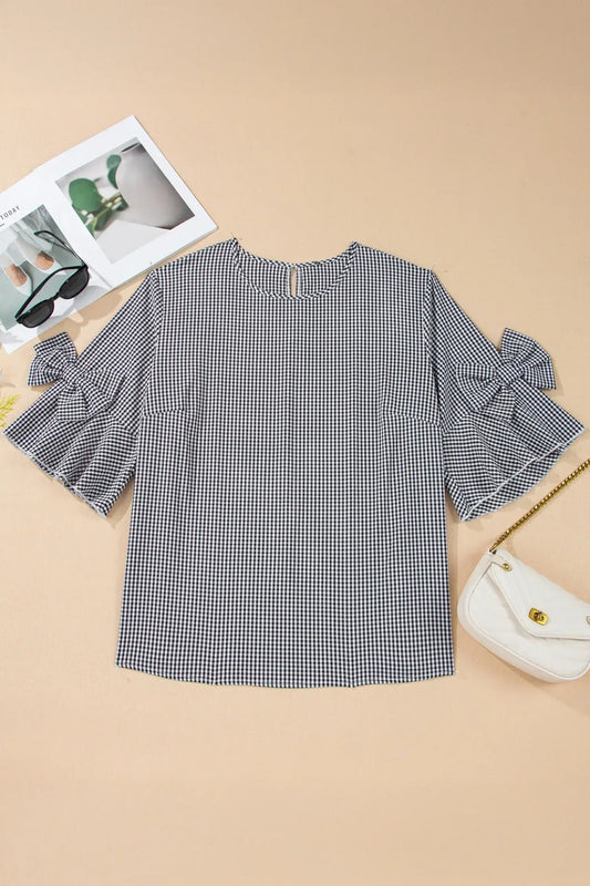 Black Plus Size Plaid Bow Decor Bell Sleeve Round Neck Jumper - Sweet Fashion Wholesale