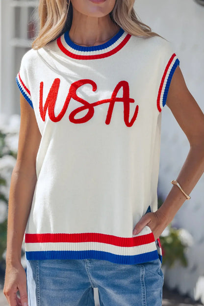 White USA Contrast Striped Trim Round Neck Short Sleeve Sweater