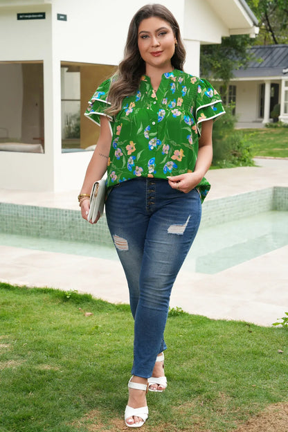 Green Plus Size Ruffled Short Sleeve Floral Top - Sweet Fashion Wholesale