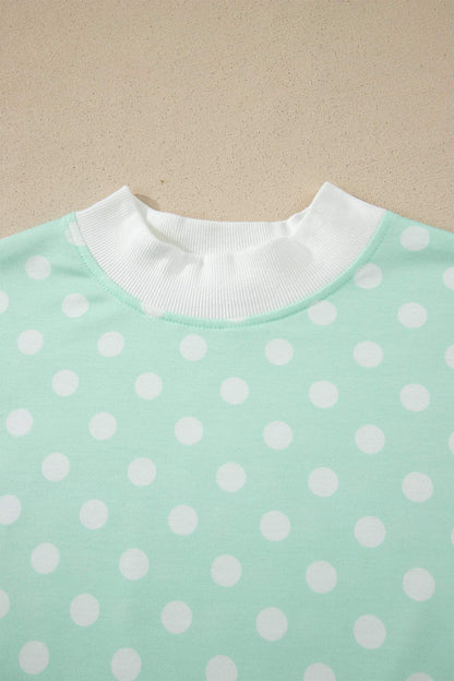 Green Polka Dot Print Color Block Trim Mock Neck Short Set