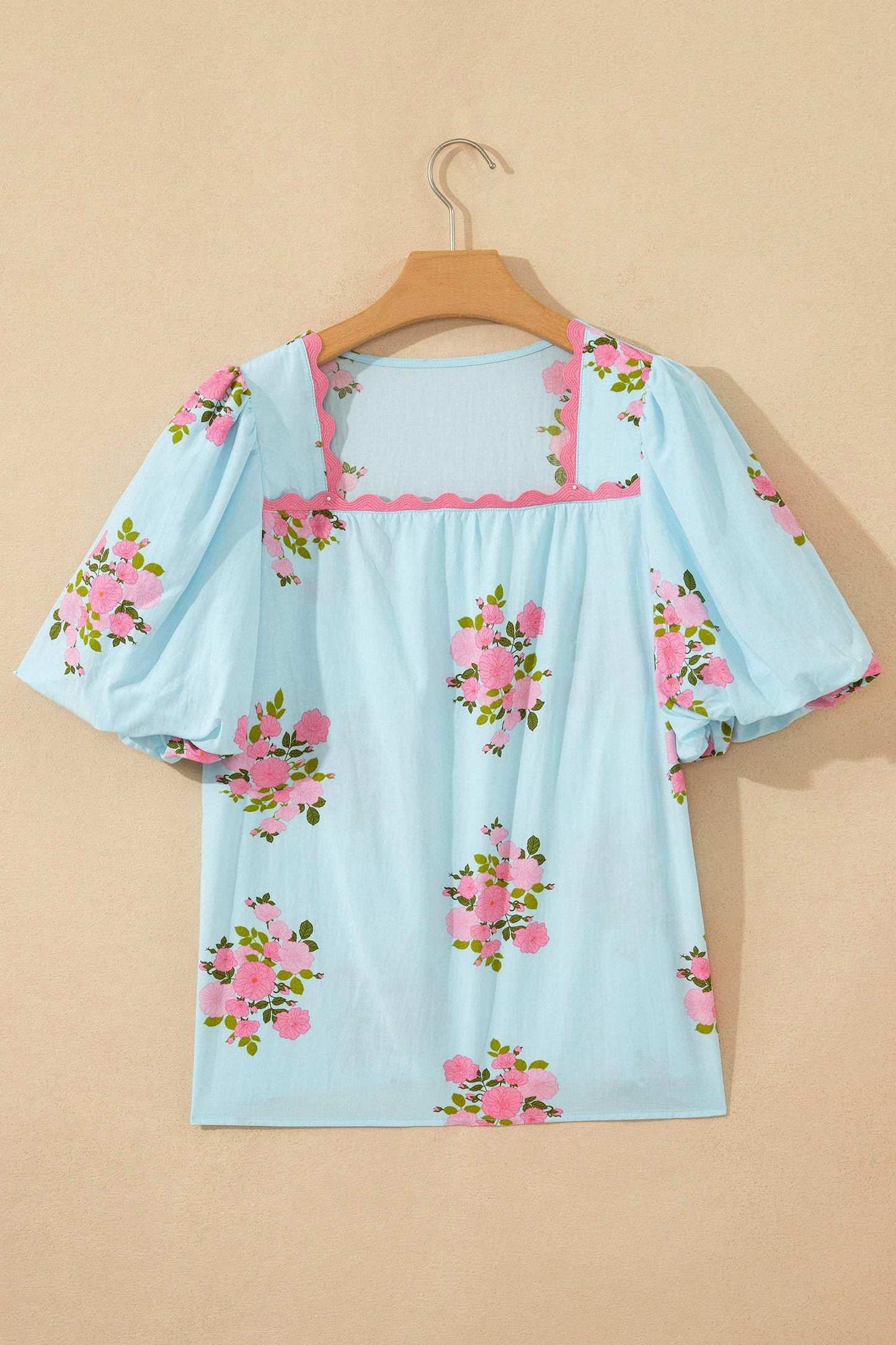 Sky Blue Floral Printed Contrast Ricrac Detail Bubble Sleeve Blouse