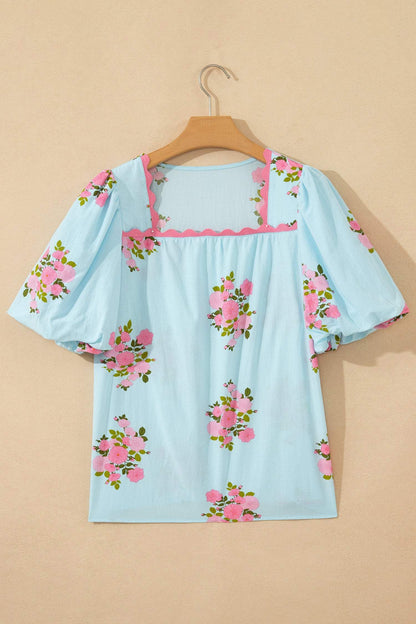 Sky Blue Floral Printed Contrast Ricrac Detail Bubble Sleeve Blouse